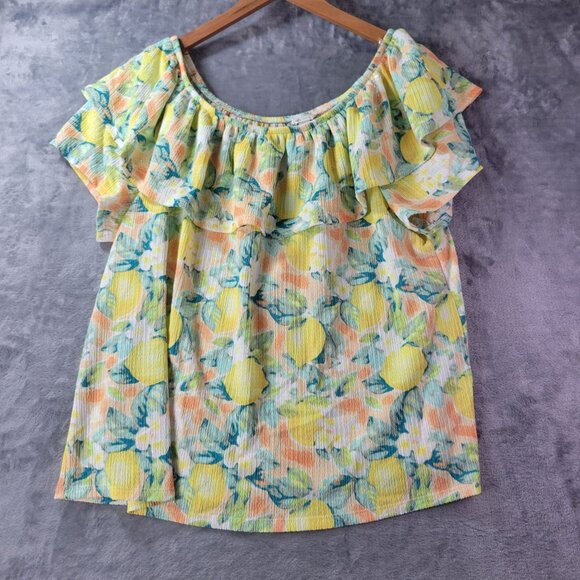 Casio Womens XL Lemon Print Off Shoulder Ruffle Blouse Summer Resort Vacation - Picture 1 of 10